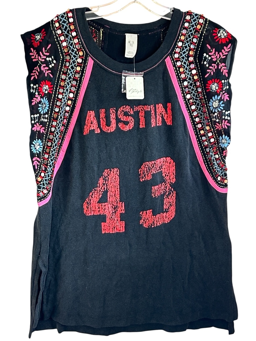 Free People x We The Free Washed Black Summer Nights Sequined AUSTIN 43 Tee LG - Picture 2 of 10